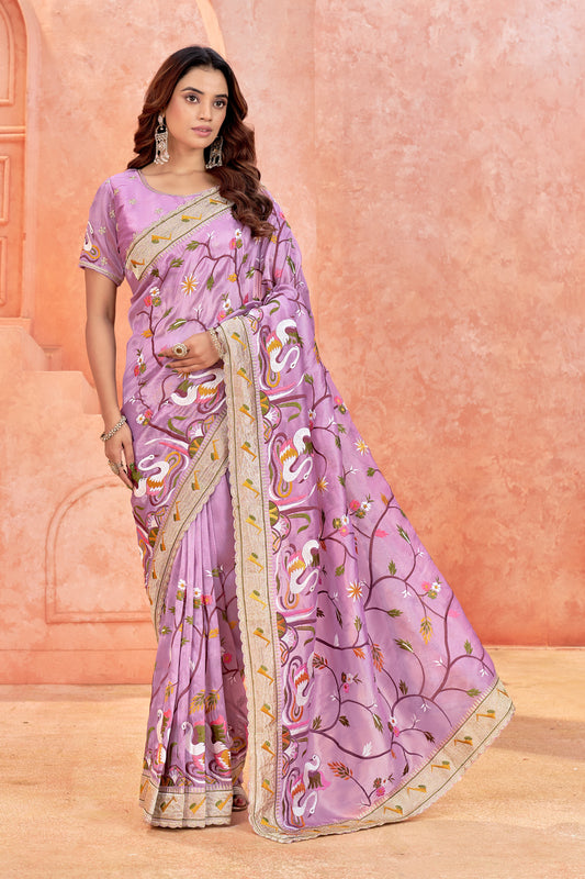 Premium Embroidered Soft Saree  & Matching Embellished Blouse (Unstitched)