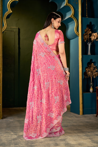 Premium Pink Embroidered Saree with Heavy Work | Festive & Party Wear Saree for Women