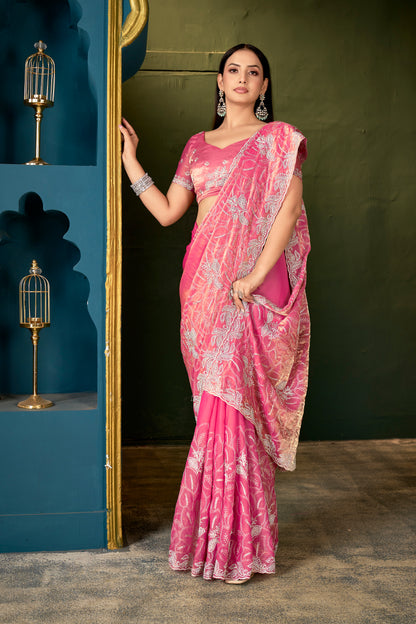 Premium Pink Embroidered Saree with Heavy Work | Festive & Party Wear Saree for Women
