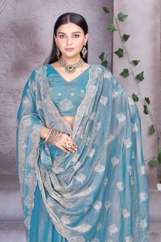 Premium Teal Blue Embroidered Designer Saree With Heavy Lace Border