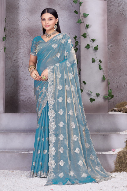 Premium Teal Blue Embroidered Designer Saree With Heavy Lace Border