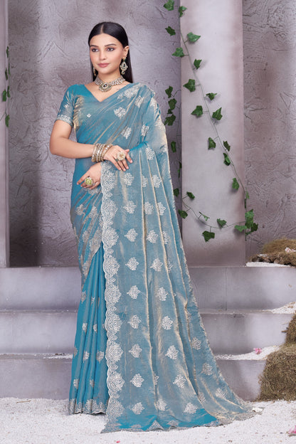 Premium Teal Blue Embroidered Designer Saree With Heavy Lace Border