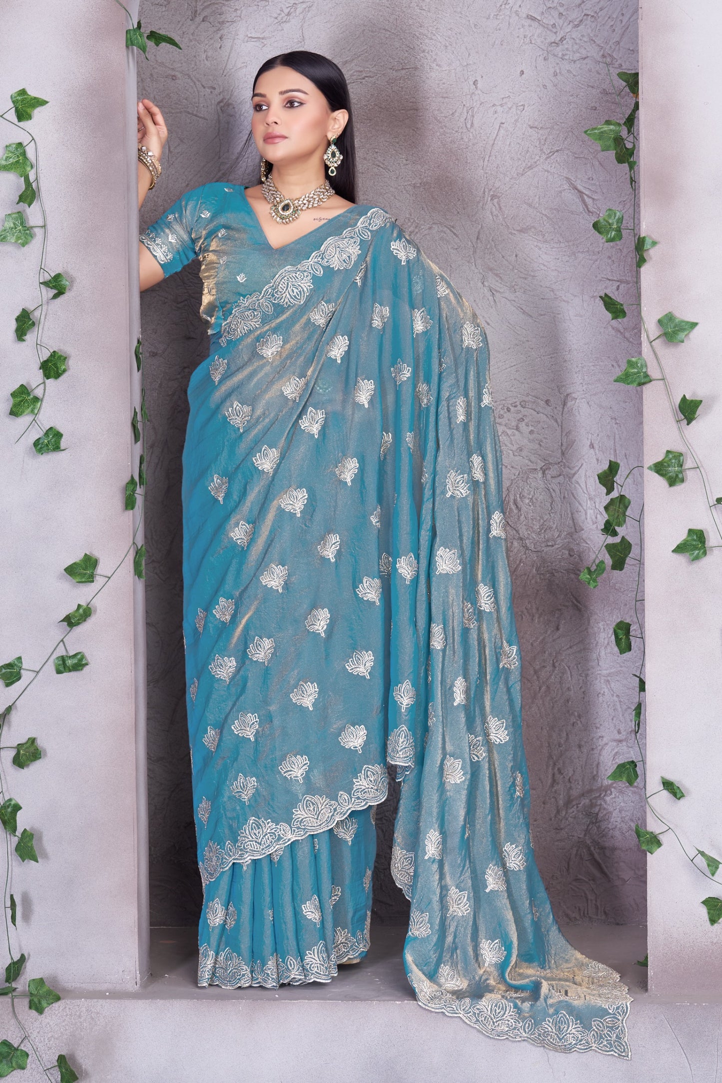 Premium Teal Blue Embroidered Designer Saree With Heavy Lace Border