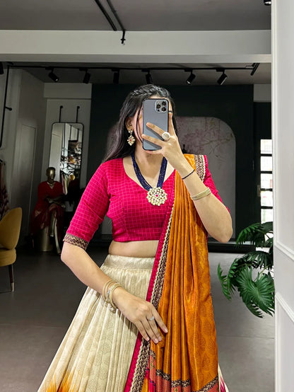 Printed Kalamkari Ready to Wear Lehenga & Unstitched Blouse With Dupatta