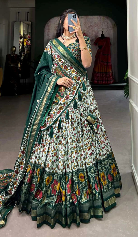 Green Tussar Silk Foil Print Work Navratri Wear Lehenga & Blouse(Unstitched)
