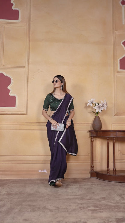 Premium Purple Saree With Jarkan Embellished Border & Green Designer and Blouse(Unstitched)