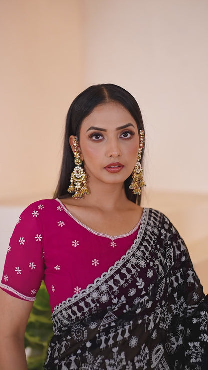 Black Saree with White Embroidery Works & Pink Blouse(Unstitched)