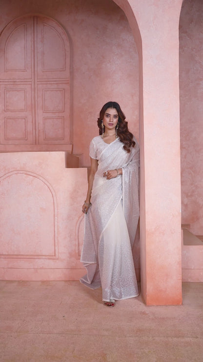 Premium Off-White Embroidered Designer Work Saree – Wedding & Festive Collection
