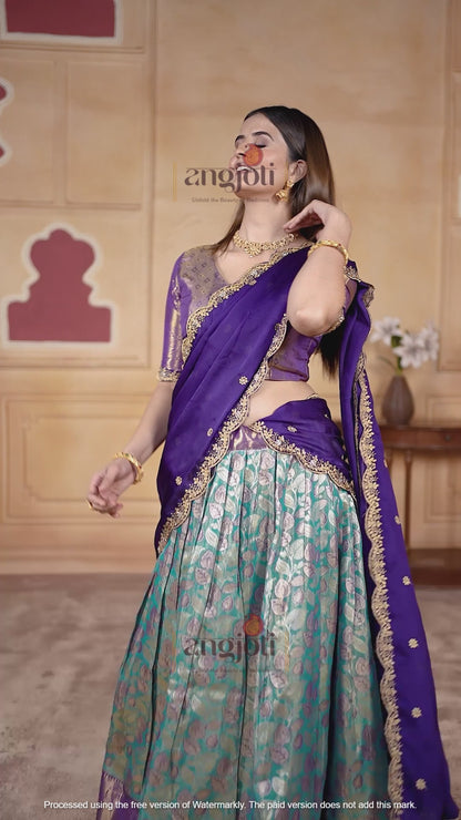 Purple & Teal Banarasi Silk Lehenga Choli with Golden Zari Weaving | Wedding & Traditional Wear