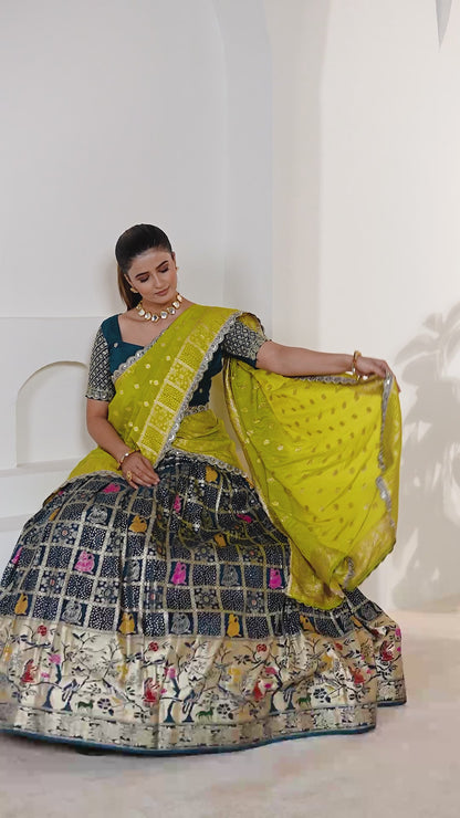 Premium Silk Lehenga Choli Navy Blue with Zari Weaving & Yellow Dupatta & Maching Blouse (Unstitched)