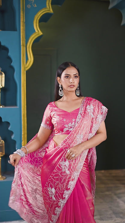 Premium Pink Embroidered Saree with Heavy Work | Festive & Party Wear Saree for Women