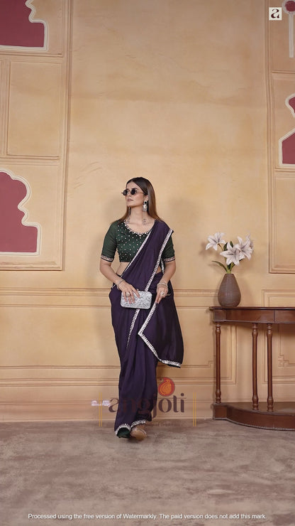 Premium Purple Saree With Jarkan Embellished Border & Green Designer and Blouse(Unstitched)
