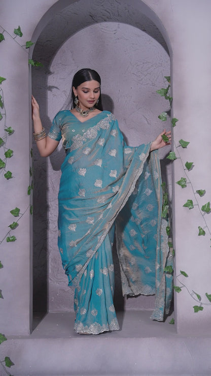 Premium Teal Blue Embroidered Designer Saree With Heavy Lace Border