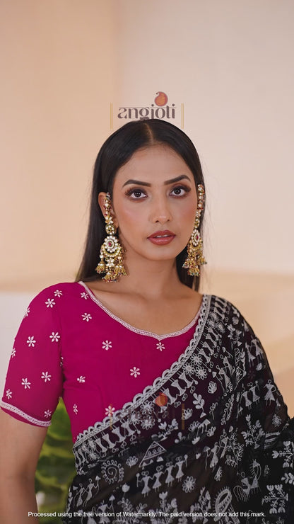 Black Saree with White Embroidery Works & Pink Blouse(Unstitched)