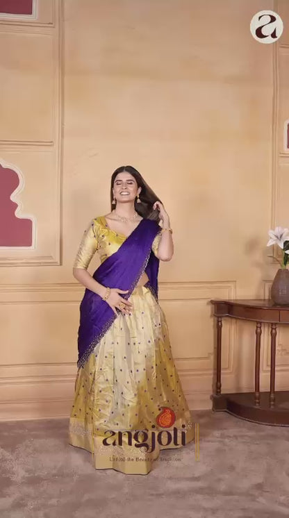 Royal Blue & Golden Designer Banarasi Silk and Jarkan Lehenga Choli with Jarkan Dupatta & Blouse (Unstitched)