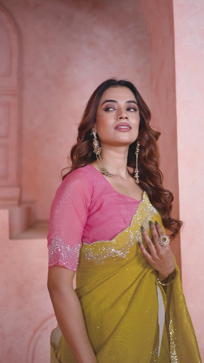 Premium South Indian Designer Border Saree – Lime Yellow with Pink Blouse(Unstitched